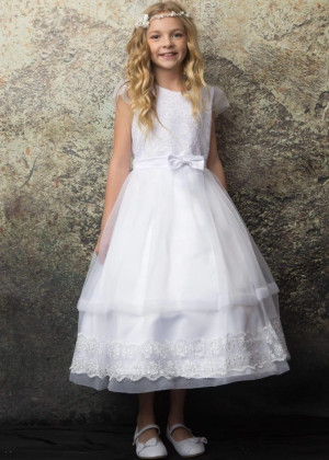 Cap Sleeves White Lace Organza Tea Length Flower Girl Dress